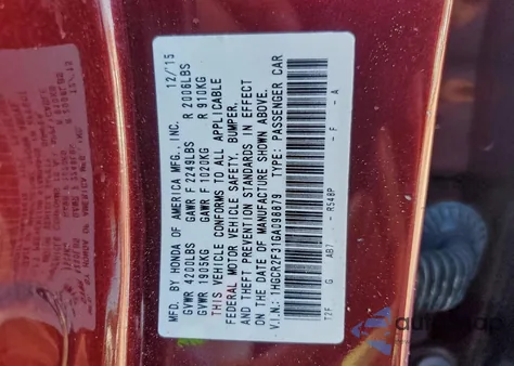 2016 Honda Accord Lx from USA, damaged, VIN 1HGCR2F31GA098879